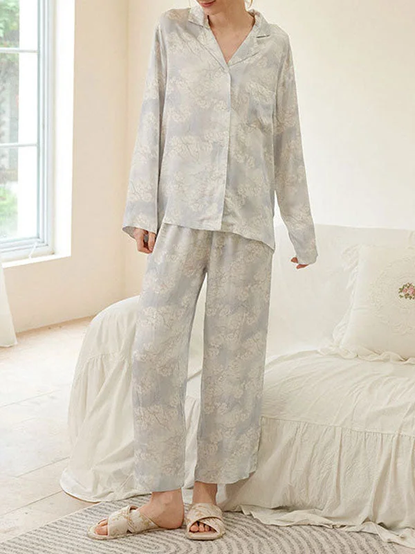 Blue Floral Print Long Sleeved Pajamas Jogger pajama sets