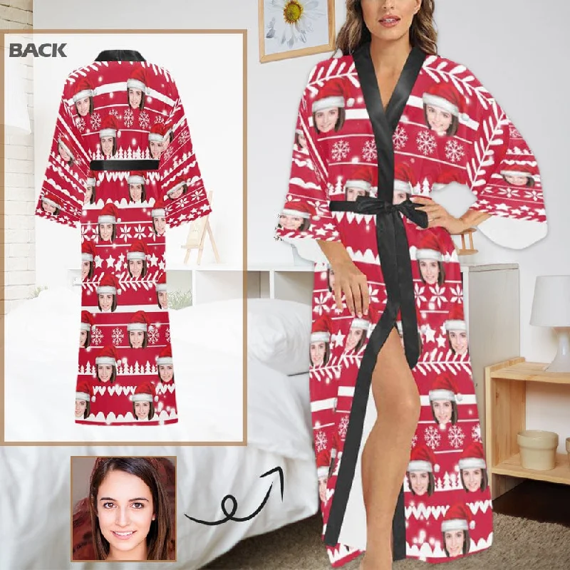 Custom Face Women's Long Pajamas Red Personalized Photo Long Pajamas Kimono Robe for Christmas Cooling pajama sets