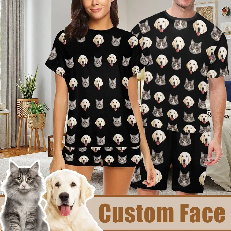 Custom Pet Face Couple Pajamas Personalized Dog&Cat Couple Matching Crew Neck Short Pajama Set Cute pajama sets