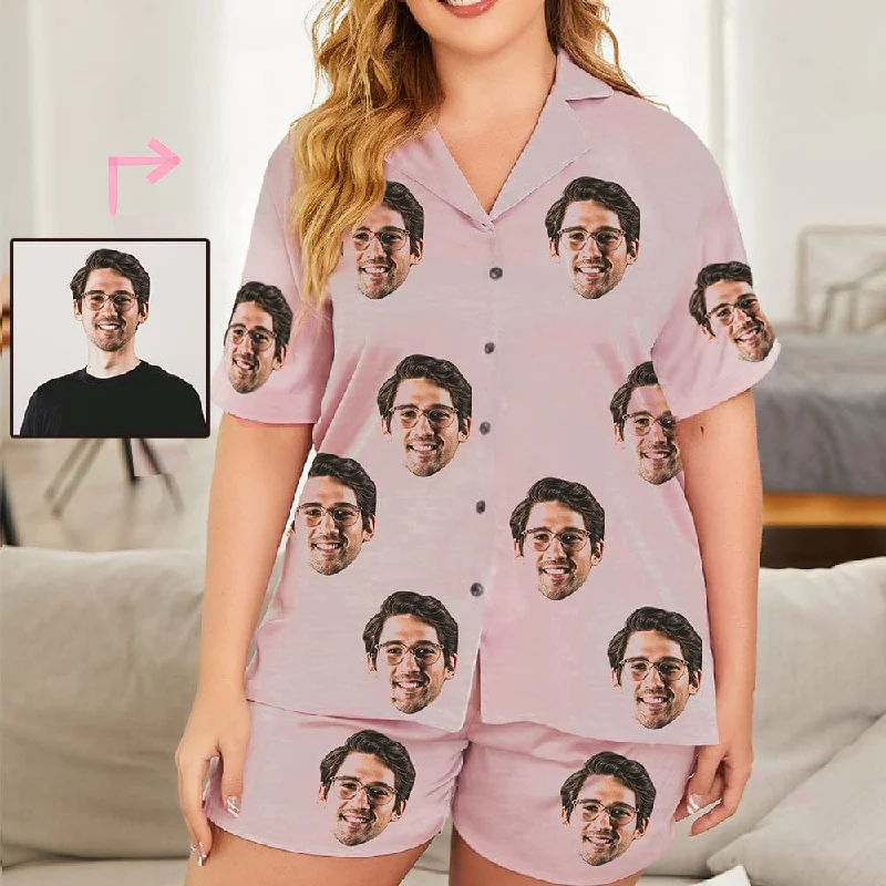 Custom Face Solid Color Loungewear Personalized Photo Sleepwear Women's V-Neck Short Pajama Set Kids' pajama sets