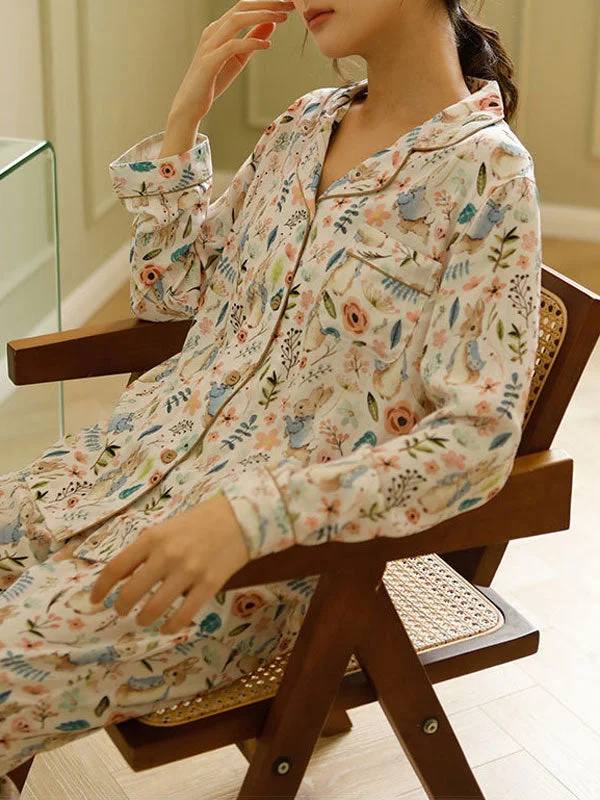 Rabbit Print Long Sleeve Pajama Set Floral pajama sets