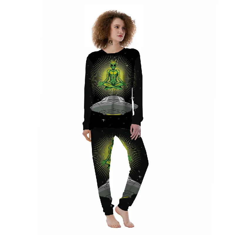 UFO Space Green Alien Print Women's Pajamas Pajama sets with pockets