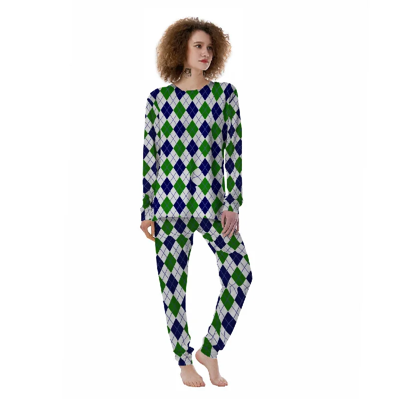 White Green And Navy Argyle Print Women's Pajamas Budget-friendly pajama sets