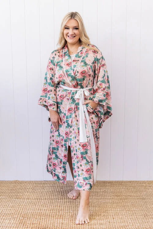 Hemera Maxi Robe - Pink Lotus Floral Print Elegant Silk Gown