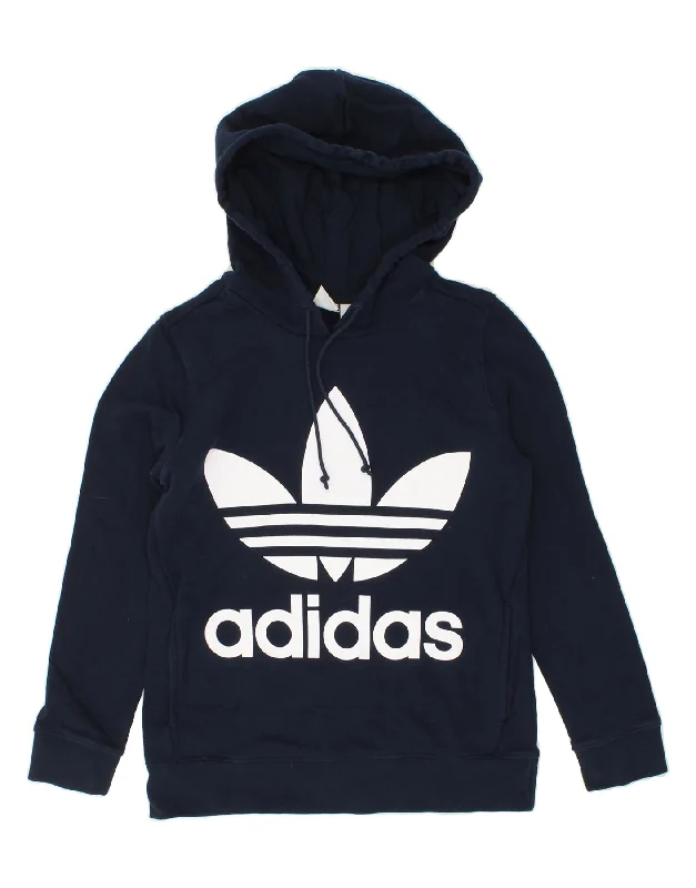 ADIDAS Womens Graphic Hoodie Jumper UK 8 Small Navy Blue Cotton Comfortable sweaters for all seasons