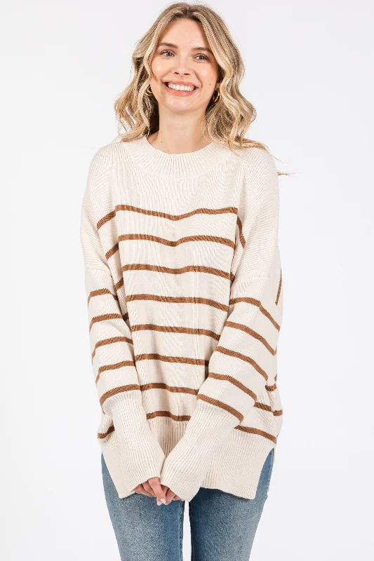 Beige Striped Drop Shoulder Sweater Moisture-wicking sweaters