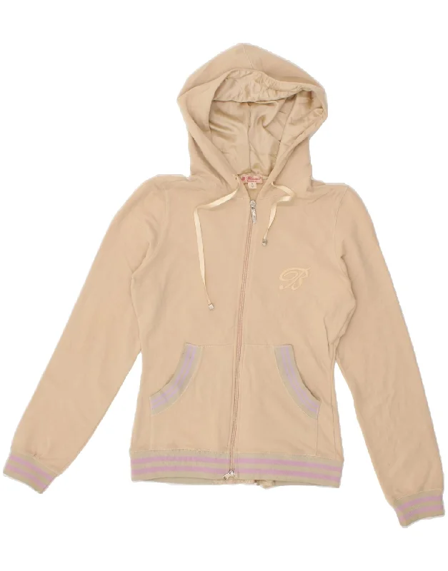 BLUMARINE Womens Zip Hoodie Sweater UK 10 Small Beige Cotton Trendy oversized sweaters