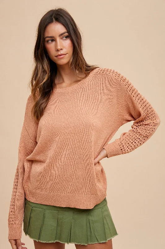 Peach Crochet Detail Sleeve Knit Top Cotton sweaters