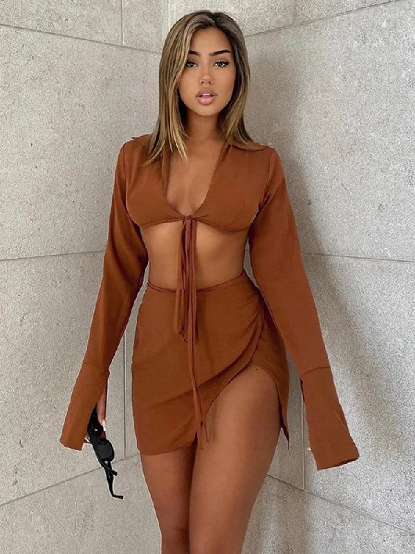 Brown Tie Front Top Skirt Sets Mini Dress Best mini dresses for elegant looks