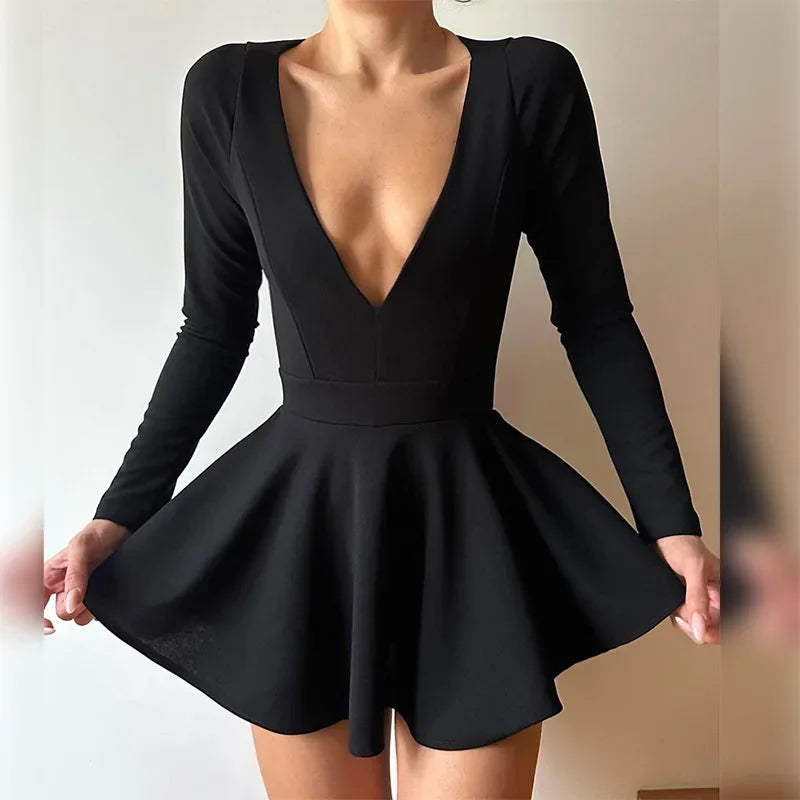 Low Cut Long Sleeve Backless A Line Mini Dress Sleeveless mini dresses