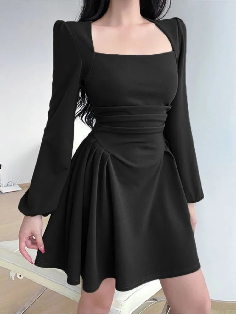 Square Collar Puff Sleeve Elegant Ladies Mini Dress Casual mini dresses