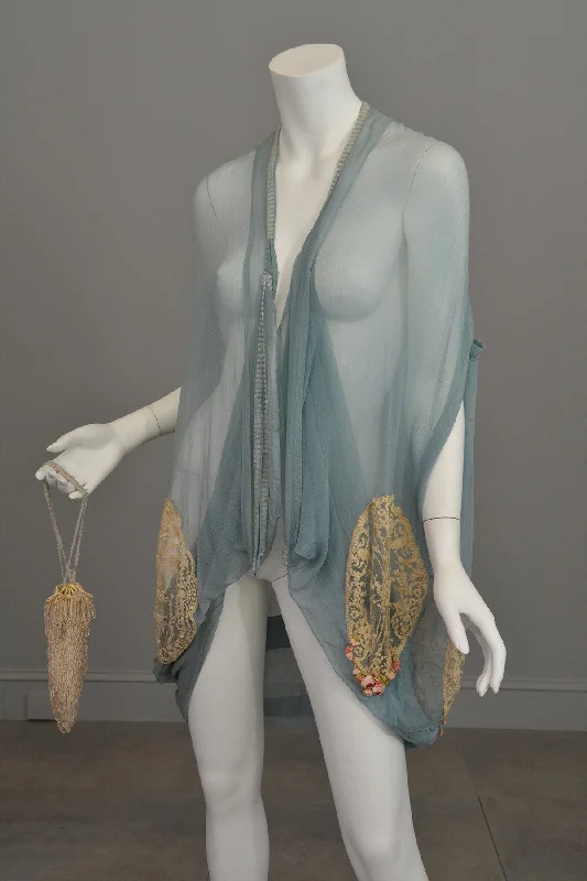 1920s Deco Aqua Blue Sheer Silk Cocoon Duster Vest with Beads, Lace and Flowers Sexy Lace Gown