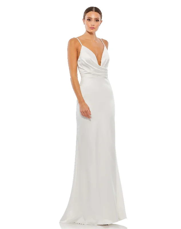 Plunging Faux Wrap Sleeveless Evening Gown Satin Lace Gown