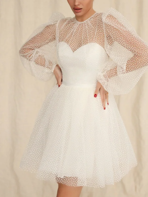 A-Line/Princess Sweetheart Long Sleeves Short/Mini Wedding Dress with Dot Sequins Beaded Wedding Gown