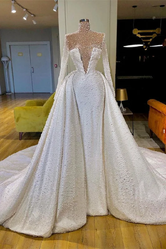 Amazing High Neck Long Sleeves Pearls Wedding Dress With Detachable Skirt Off-shoulder Wedding Gown