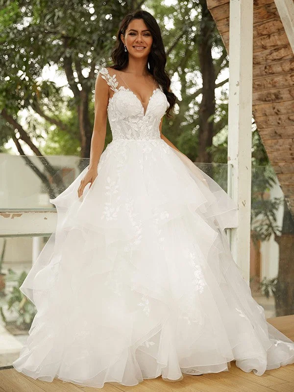 Ball Gown Tulle Applique V-neck Sleeveless Court Train Wedding Dresses Illusion Lace Gown