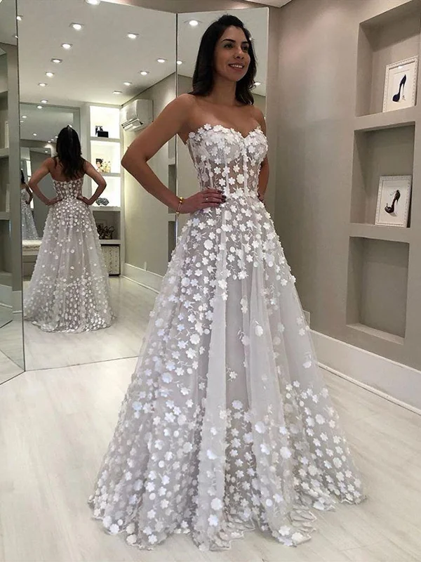 Charming Strapless Light Gray Long Prom Dresses with White Appliques, White Floral Light Gray Wedding Dresses, Formal Evening Dresses Classic Lace Gown