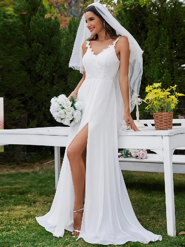 Chiffon High Split Spaghetti Strap Appliques Wedding Dress Lace Train Dress