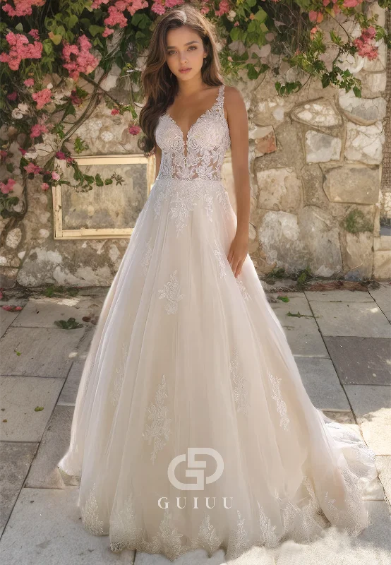 V-Neck A-Line Ivory Wedding Dress with Lace Appliques and Straps Mermaid Style Gown