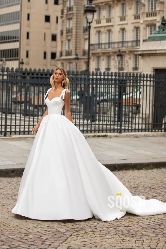 A Line Sweetheart Satin Ball Gown Elegant Wedding Dress with Pockets QW2384 Lace Wedding Gown