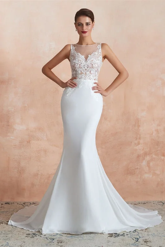 Elegant Mermaid White Long Wedding Dress Lace A-line Dress