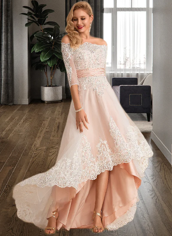 Evangeline A-Line Asymmetrical Satin Tulle Lace Wedding Dress With Sequins STIP0013769 Soft Wedding Gown