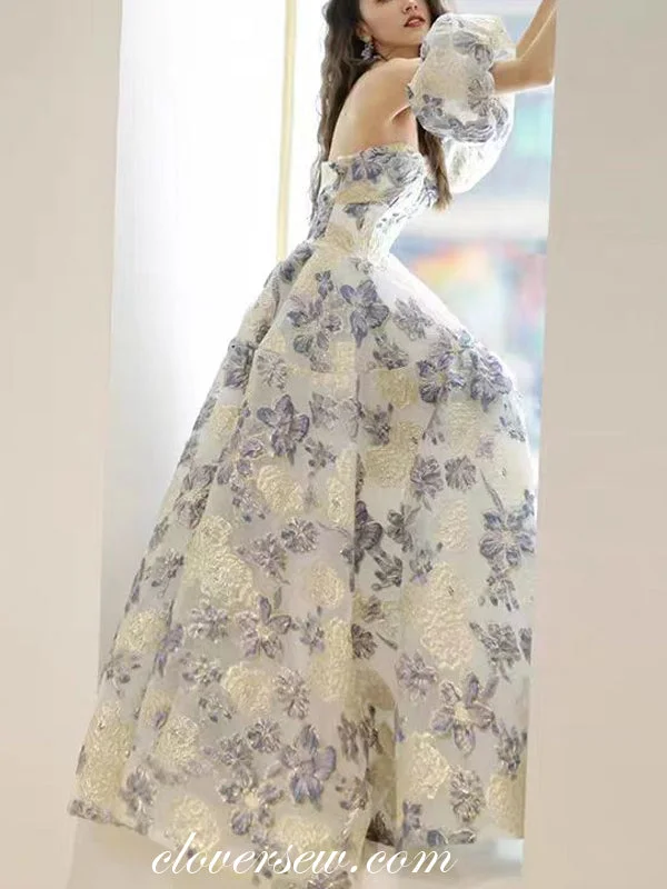 Floral Printed Satin Strapless With Convertible Sleeves A-line Spring Princess Dresses, CW0378 Embroidered Wedding Dress