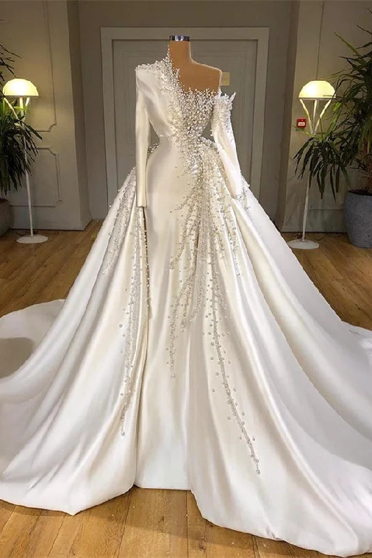 Luxurious Long Sleeve Pearls Overskirt Wedding Dress Online White Lace Gown