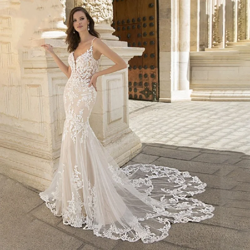 Mermaid Wedding Dress For Women Lace Appliques V-neck A-line Wedding Gown