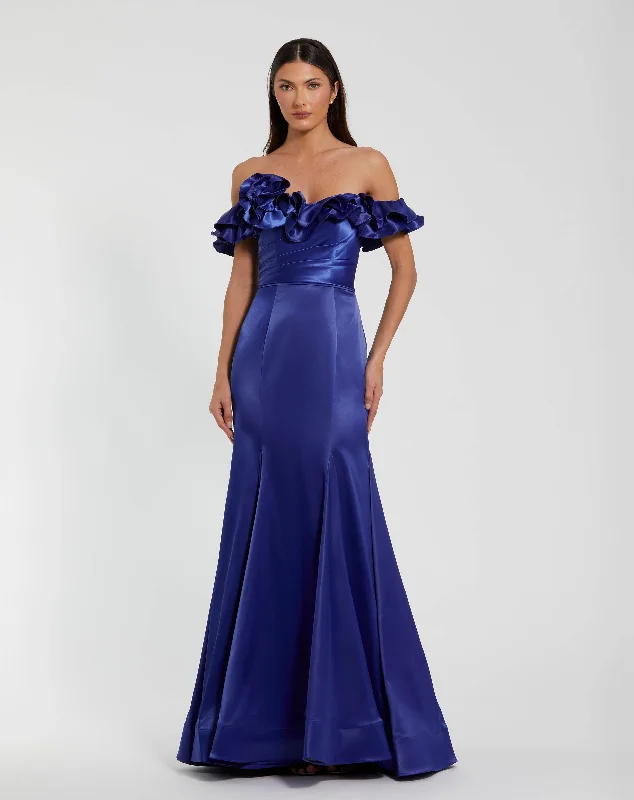 Satin Ruffle Off the Shoulder Mermaid Gown Glitter Wedding Dress