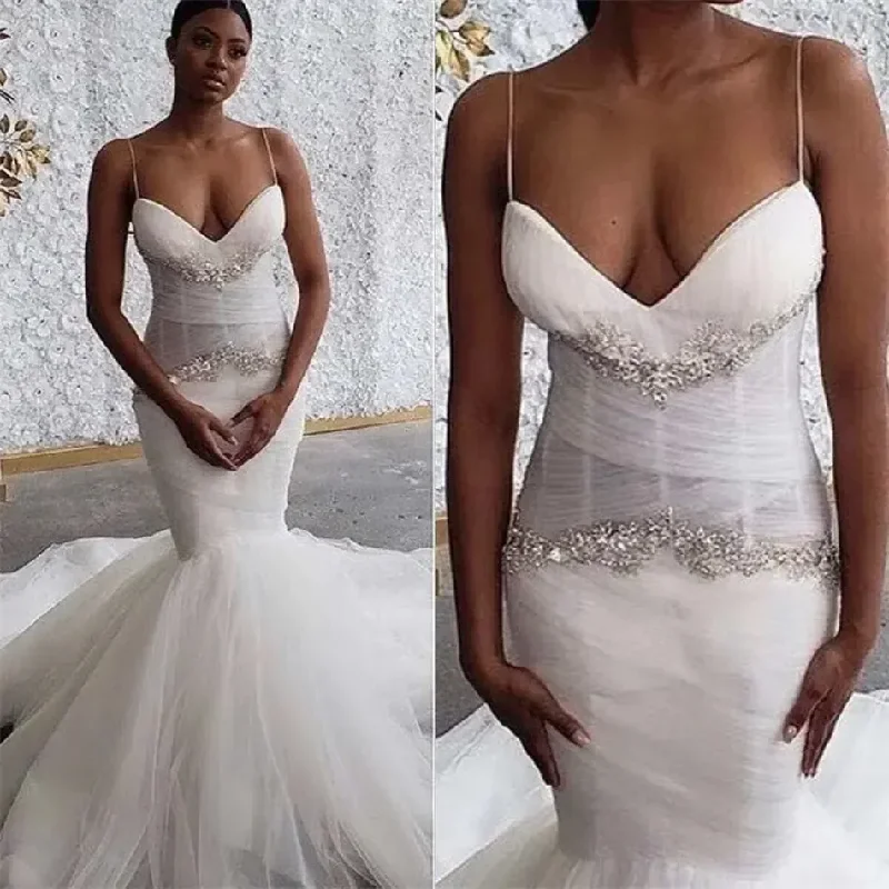 Sexy Spaghetti Straps Mermaid Wedding Dresses For Women Ruched Tulle Beaded Luxury Bridal Gowns Vestidos De Novia 2024 Custom White Lace Gown