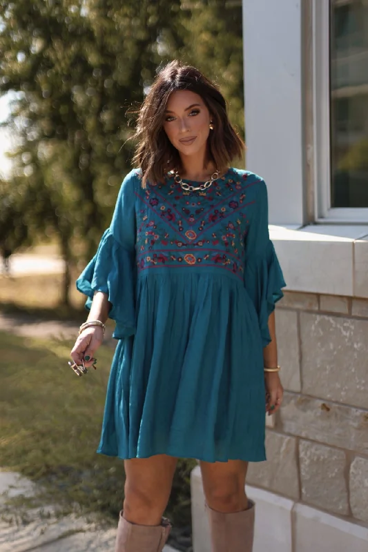 Whimsical Teal Floral Embroidered Mini Dress Luxury Wedding Dress