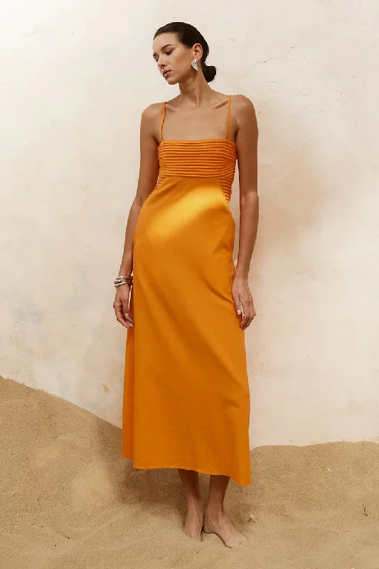 Arista Long Midi Dress - Orange Smocked midi dresses