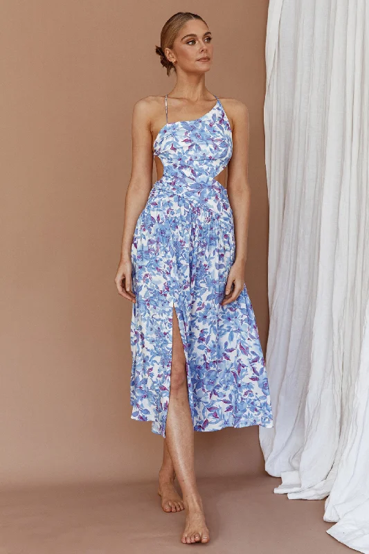 Destination Open Back Midi Dress Floral Blue Birthday midi dresses