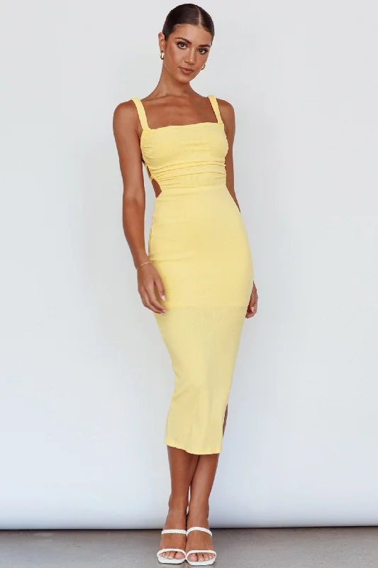 Dream Crush Lace-Up Back Side Split Midi Dress Yellow Flowy midi dresses