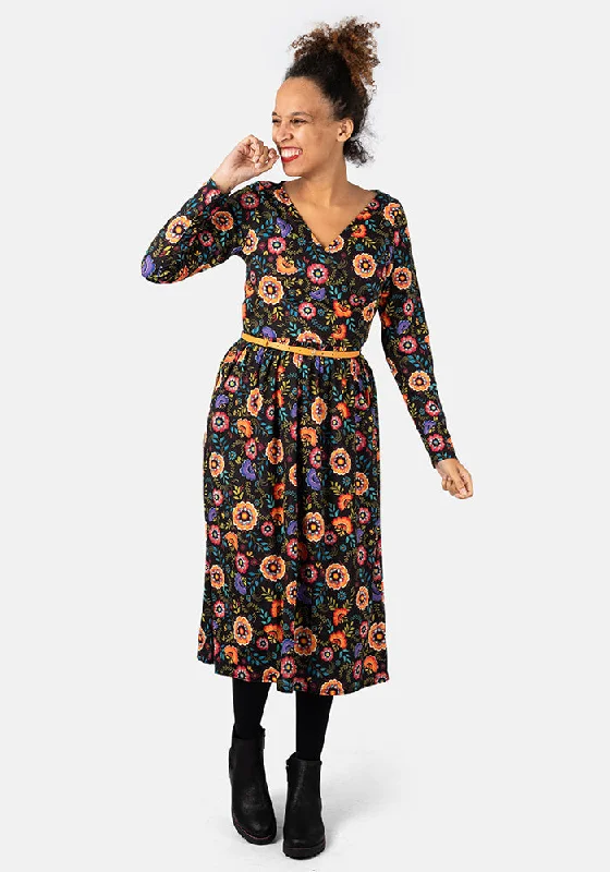 Indy Winter Folk Floral Print Midi Dress Cocktail midi dresses