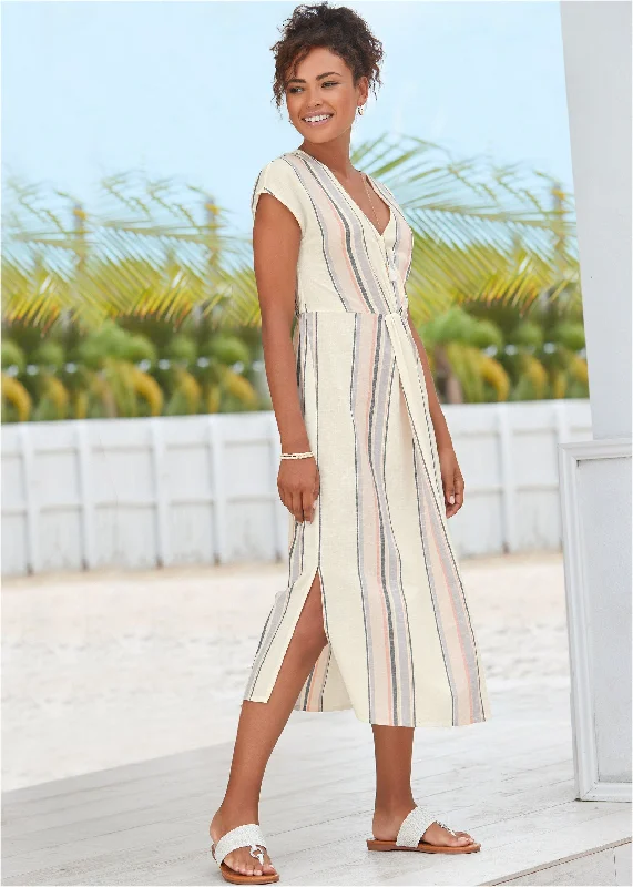 V-Neck Faux-Wrap Dress - White Multi Strapless midi dresses