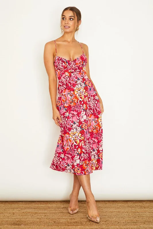 Malibu Gathered Bust Cami Strap Midi Dress Floral Red Preppy midi dresses