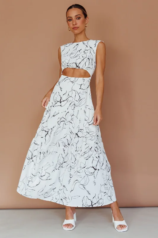 Shaniqua Cut-Out Sleeveless Midi Dress Print White Goth midi dresses