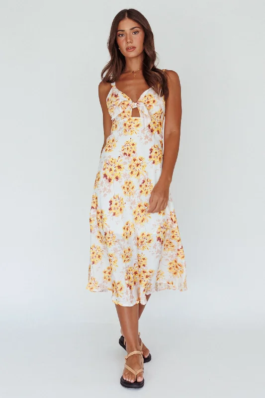 Starry Night Bust-Tie Midi Dress Floral Yellow Formal midi dresses