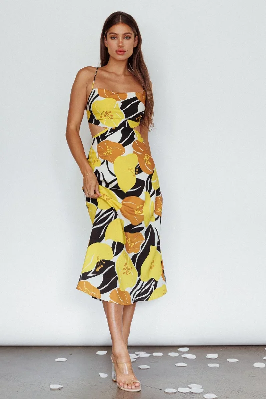 Sunday Bliss Tie-Up Back Cowl Neck Midi Dress Flower Yellow New Year's Eve midi dresses