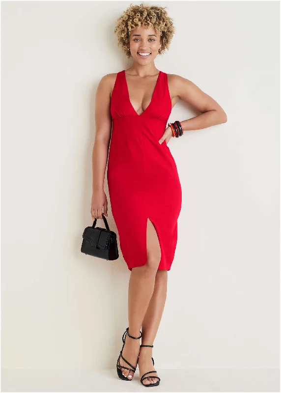 Linen Deep V Dress - Red Y2K midi dresses