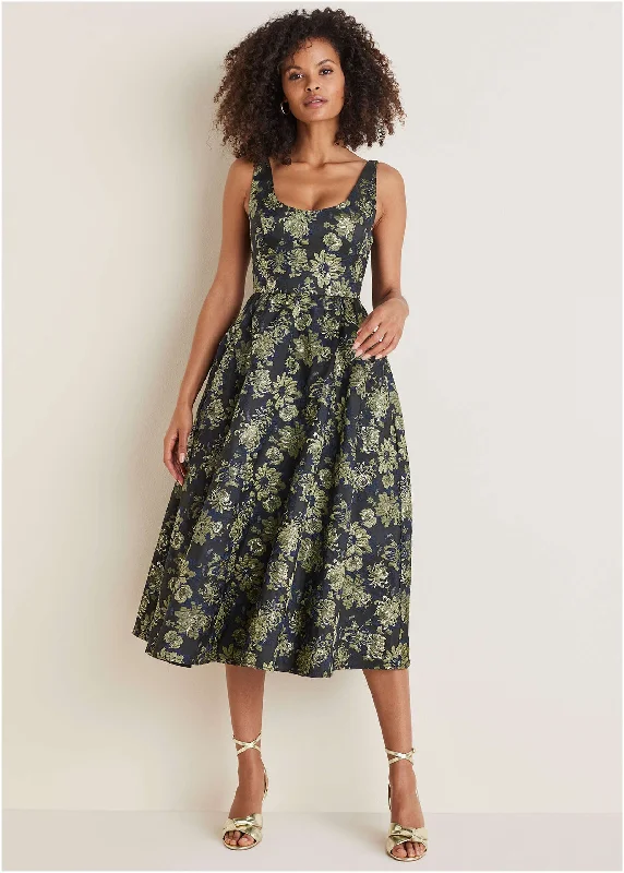 Floral Jacquard Midi Dress - Navy Combo Knitted midi dresses