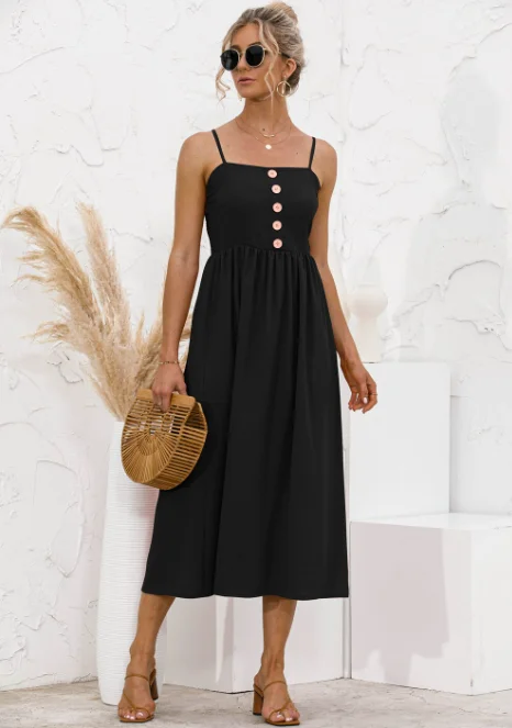 New Casual Sling Solid Backless Button Elegant Spaghetti Strips Sleeveless Long Dress Cocktail maxi dresses