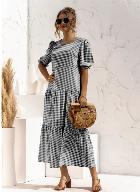 New Women Summer Long Dress Lady Elegant Casual Plaid Loose Party Maxi Dress Office maxi dresses