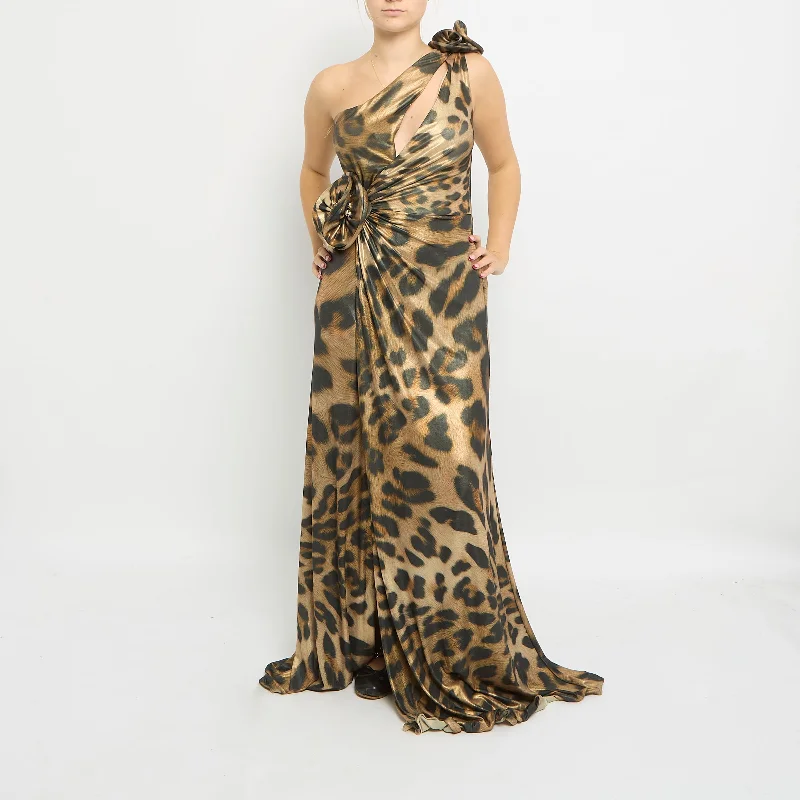 Satin Leopard Print Halter Neck Flower Detail Maxi Dress - UK 8 Prom maxi dresses