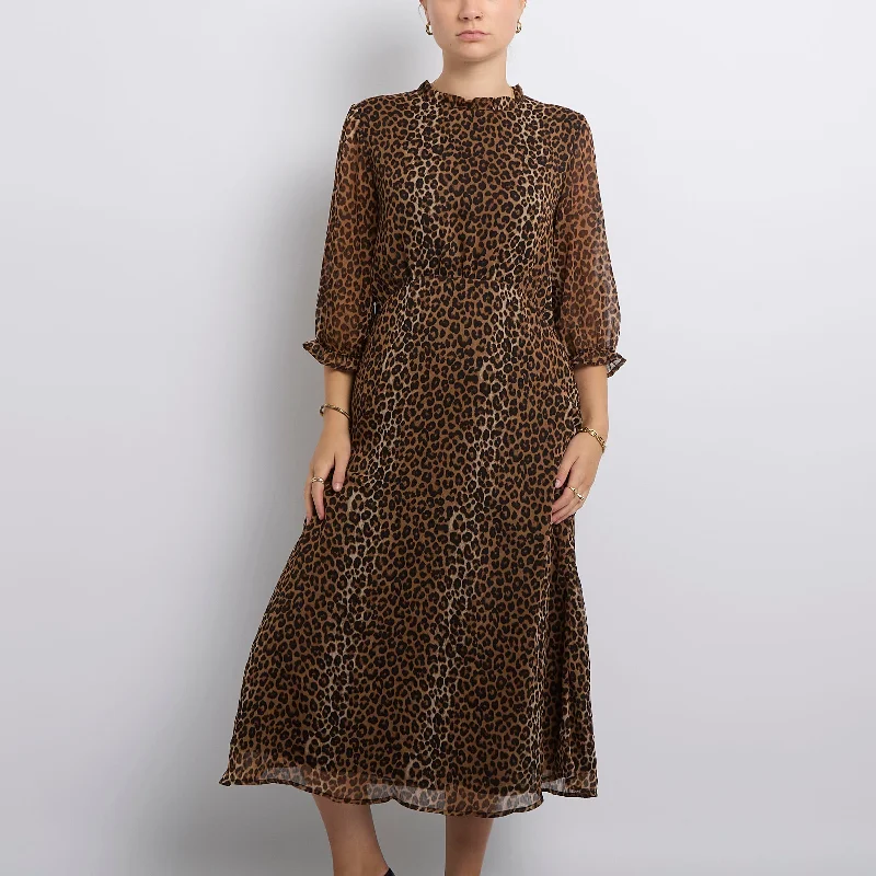 Leopard Print High Ruffle Neck Maxi Dress- UK 12 Chic maxi dresses