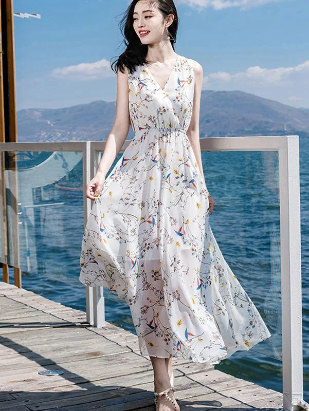 White Floral Print Wrap Front Maxi Beach Dress Cute floral print maxi dresses