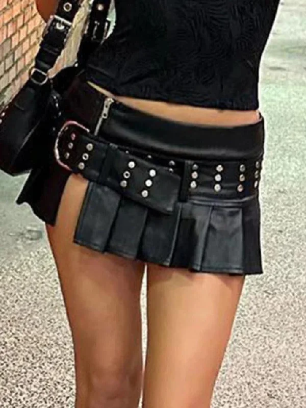 Punk Rivet Belted Pleated Slit Leather Mini Skirt Slim Fit Mini Skirt