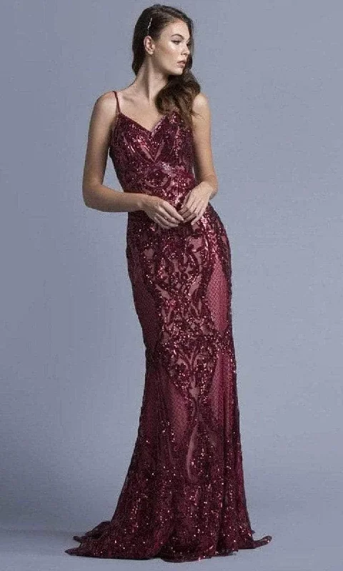 Aspeed Design - V-Neck Sequin Evening Dress L1982 - 1 pc Burgundy In Size S Available Lace party dresses